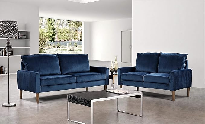 Container Furniture Direct Petit Mid Century Modern Velvet Loveseat for Small Spaces, Upholstered 2 Seater Couch for Living Room and Bedroom, Easy Assembly, Dark Blue