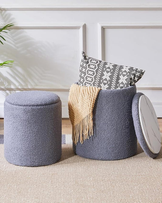 IBUYKE Storage Ottoman Set of 2 Round Ottoman Fleece Vanity Stool with Storage Velvet Footrest Stool End Table Boucle Ottoman for Home Organization Gray UWBD015G