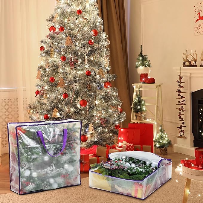 8 Pcs Clear Wreath Storage Bags 26 Inch St. Patrick's Garland Container Door Garland Holiday Wreath Storage Holder with Handle and Zipper Heavy Duty Plastic Packing Totes(Purple)