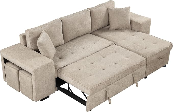 Merax 3 Seat Reversible Sectional Couch, Modern L-Shape Pull Out Sleeper Sofa with Storage Chaise and 2 Stools for Living Room Furniture Set, Cream