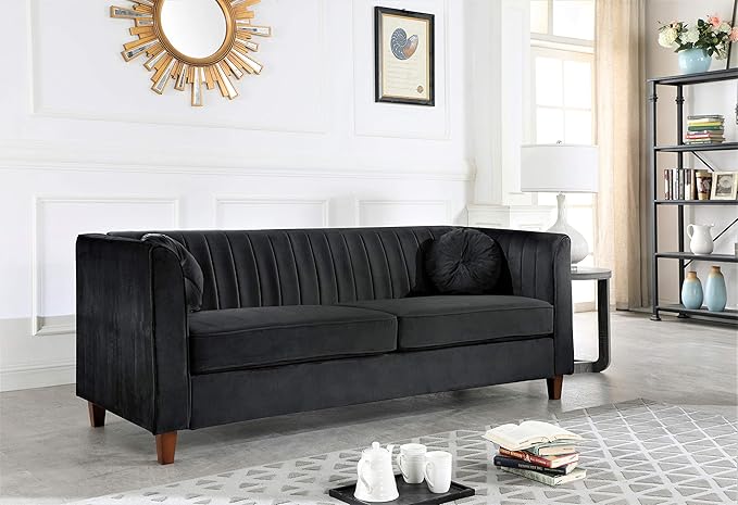 Container Furniture Direct Arvilla 2 Piece Velvet Sofa Set with Bolster Pillows, Mid Century Modern Design, Chesterfield-Inspired Couch and Chair for Living Rooms, Midnight Black