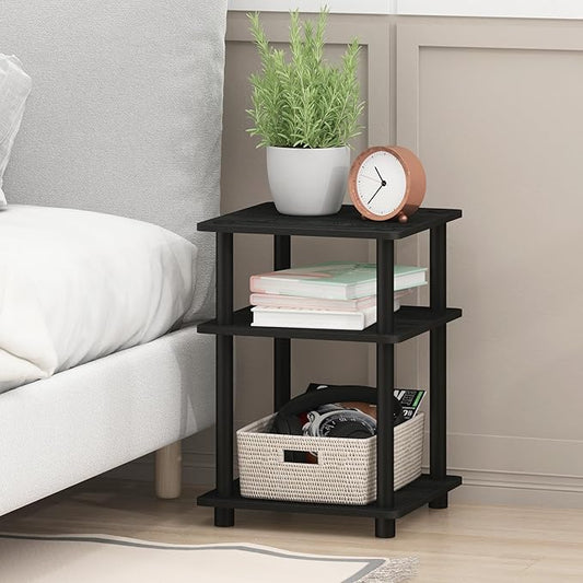 Furinno TURN-N-TUBE Side Table, 3-Tier Square Modern End Table, Open Shelves Nightstand, Night Stand, Bedside Table, Easy Assembly, for Living Room, Bedroom, Blackwood | Easy Assembly, Multipurpose
