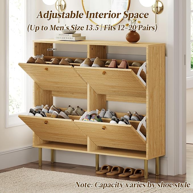 Nicetree Shoe Cabinet Storage for Entryway, Narrow Shoe Rack with Tiered Fluted Design, 4 Flip Drawers & 3-Tier Adjustable Shelves, Shoe Organizer with Gold Legs,Light Natural Oak