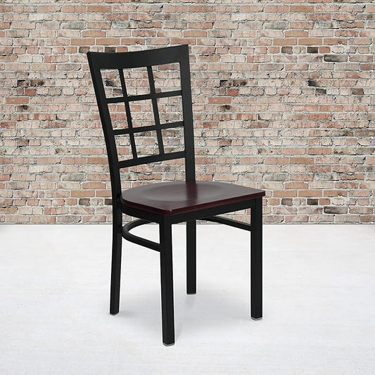 Flash Furniture 2 Pk. HERCULES Series Black Window Back Metal Restaurant Chair - Mahogany Wood Seat
