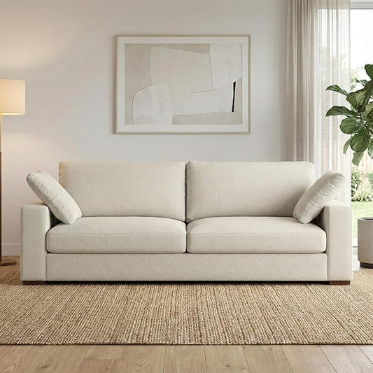 SIMPLIHOME Charlie Sofa in 100% Recycled Polyester Tightly Woven Performance Fabric, Cream, 96-inches Wide, Handcrafted Contemporary Style Sofa for Living Room or Couch for Family Room