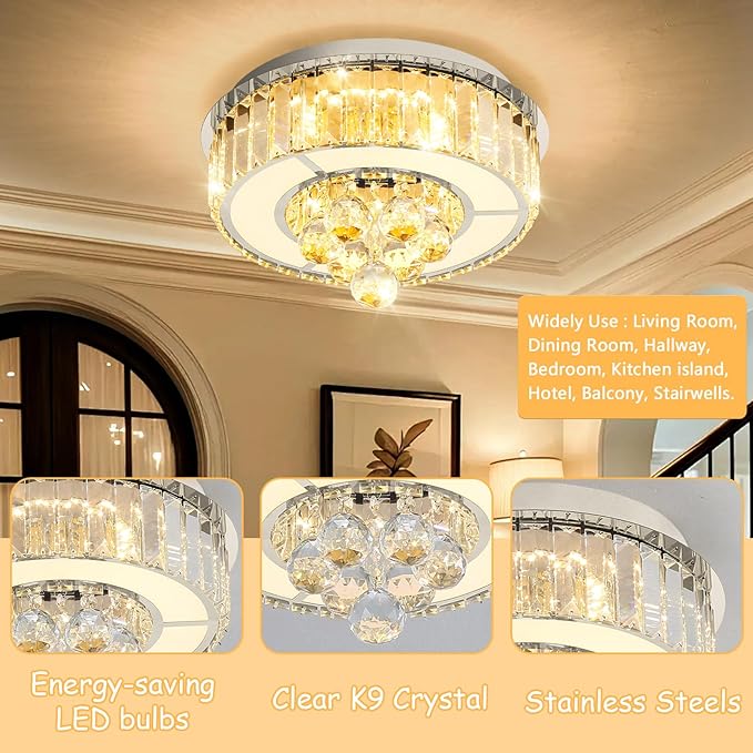 11.8'' Silver Modern Crystal Chandeliers for Dining Room LED Dimmable Light Fixtures Flush Mount Light Living Room Bedrooms