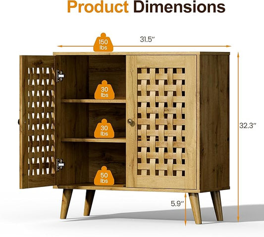 Vintage 2-Door Storage Cabinet, Basket Weave Wooden Doors, Kitchen Sideboard with Adjustable Shelves, Coffee Bar Cabinet for Living Room, Hallway, Entryway, Dining Room, Natural Wood Color