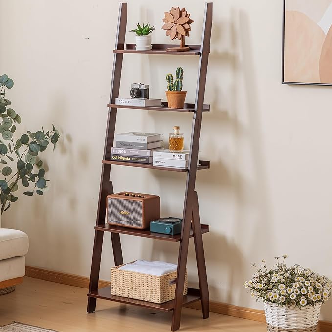 DOUSY-5-Tier Ladder Shelf Bookcase, Bamboo Ladder Bookshelf Leaning Book Shelf, Freestanding Storage Shelf Boho for Living Room, Home Office, Bedroom, Balcony, Walnut