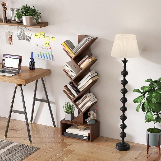 FDW 7 Tier Tree Bookshelf, Rustic Brown Floor Standing Bookcase with Storage Cabinet, Tall Narrow Bookshelves Organizer for Bedroom/Living Room/Home Office Corner