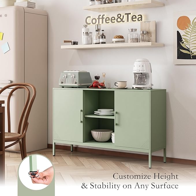 Coffee Bar Cabinet with Adjustable Shelf, Kitchen Storage Cabinet Metal Pantry Cupboard Buffet Sideboard for Living Room, Kitchen, Bedroom, Dining Room, Entryway (Green, H29.53'')