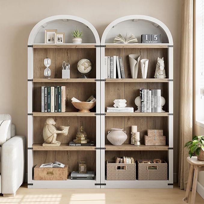 GarveeHome Bookcase 5 Shelf Arched Bookshelf 71.65in Tall Bookcase Farmhouse Display Storage Rack Wooden Bookshelves for Home Office, Living Room (White/Natural)