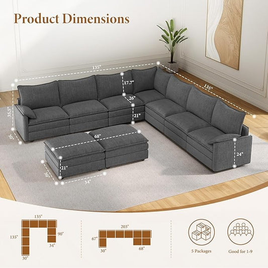 Vesgantti Large Modular Sectional Sofa, Big Comfy Cloud Couch with Ottoman Deep Seat Chenille Cloud Sofa, 9 Seater Large Sectional Couches for Living Room, Bedroom and Apartment, Gray | Sink-in Comfort, Height Adjustable, Easy Rearrangement, Extra-deep...