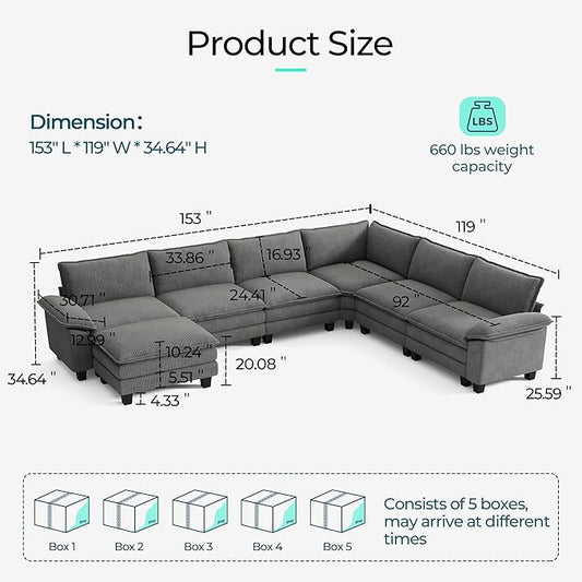 LINSY HOME Modular Sectional Sofa Couch Corduroy Cloud Couches for Living Room, U-Shaped Cloud Couch Sectional Sofas for Bedroom and Apartment, Grey