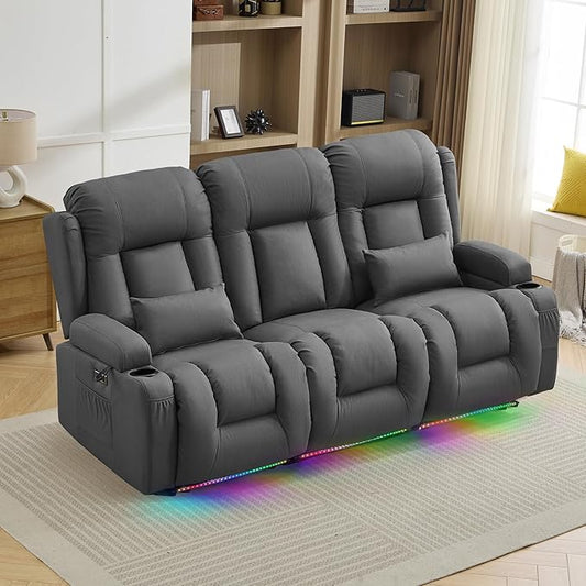TUNYI Wall Hugger Loveseat Recliner Sofa with Console, Power Reclining Loveseat RV Couch with Massage & Heat/USB/Outlet/Storage/LED Light (Grey, 3 Seat)