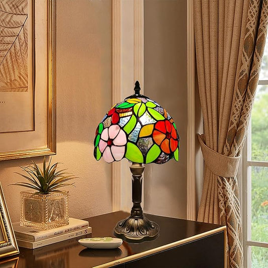 Tiffany Table Lamp,8X8X15Inch Small Antique Rose and Grape Pattern Stained Glass 3 Color Temperatures Bedside Nightstand Table Lamps for Bedroom Living Room Home Office+LED Bulb