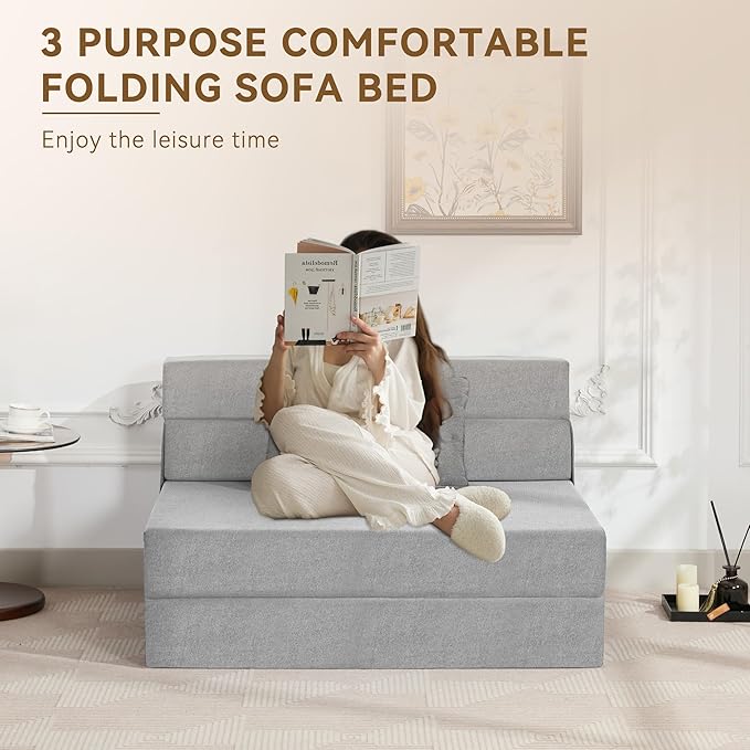 WUTUTUEE Folding Sofa Bed Convertible Floor Couch Foldable Chair Bed with Pillow,Linen Sleeper Chair Futon,Foldable Memory Foam Mattress for Bedroom/Living Room/Dorm/Office (Light Grey, Standard)