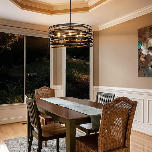 19.7'' Farmhouse Dining Room Light Fixture, 5-Light Metal Drum Chandelier, Black with Retro Wood Texture Interior