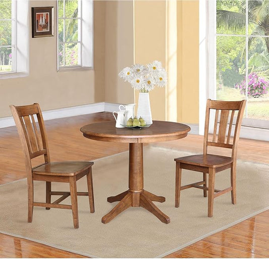 IC INTERNATIONAL CONCEPTS 36" Solid Wood Round Pedestal Table in Distressed Oak with 2 San Remo Chairs