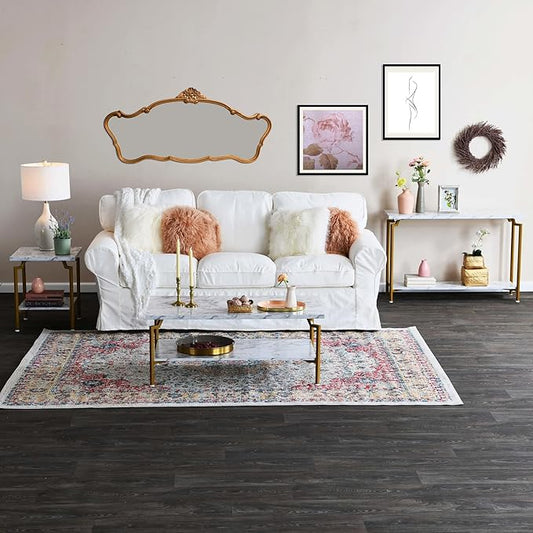 Household Essentials Crown Rectangular Coffee Table with Storage Shelf White Marble and Gold Metal