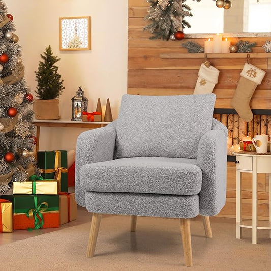 Giantex Sherpa Accent Chair, Modern Upholstered Single Sofa Chair with Back Pillow & Solid Rubber Wood Legs, Teddy Barrel Arm Chair for Reading, Living Room, Bedroom, Office, Grey