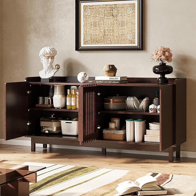 IRONCK Storage Cabinet, Buffet Cabinet with Grille Doors and 2 Adjustable Shelves, Mid Century Sideboard for Kitchen, Dining Room, Entryway(Natural Red Walnut)