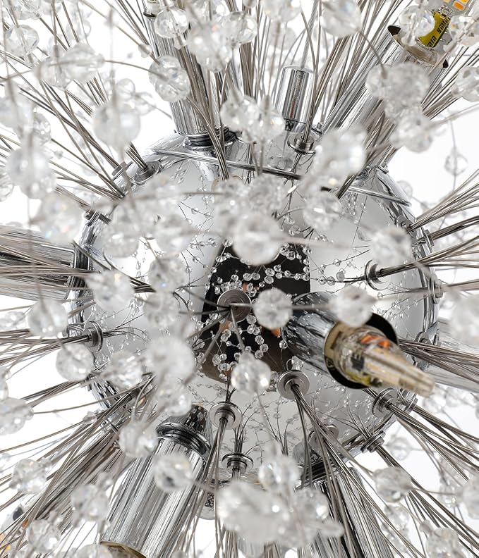 Modern Crystal Chandeliers Firework, 12-Light Chrome Stainless Steel Sputnik Chandelier, 21.6" Dandelion Pendant Ceiling Light Fixture for Bedroom Dining Room