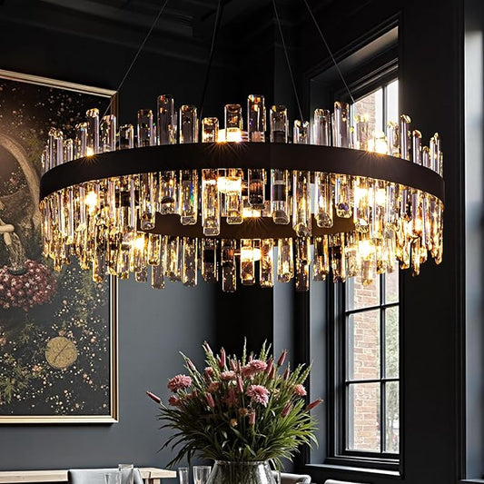 Modern Crystal Chandelier for Dining Room,16-Light Black Round Chandelier, 31.5-inch K9 Crystal Raindrop Ceiling Light, Luxury Flush Mount Light Fixture for Kitchen Living Room