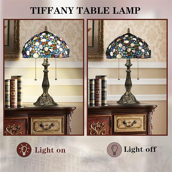 Tiffany Table Lamp,Stained Glass Lamp with Natural Shell,12" Vintage 2-Light Handmade Tiffany Style Lamp,Tiffany Bedside Light for Bedroom Living Room Office(2 LED Bulbs Included)