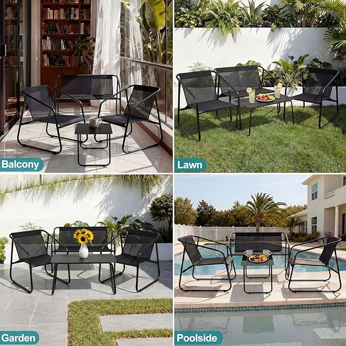 DUMOS 4 Piece Patio Furniture Set,Outdoor Patio Furniture Conversation Set with Table, Patio Sectional Bistro Sets for Lawn, Garden, Balcony, Poolside (Black)