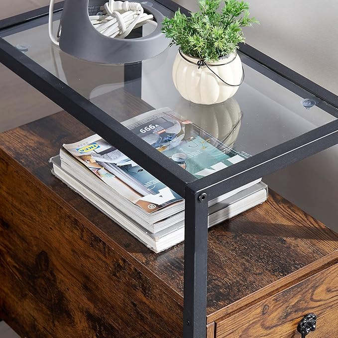 VECELO Narrow Side Table, Night Stand Sofa Table with Glass Top,Bedside End Tables with Storage Drawers,Wood Nightstand for Small Spaces Living Room Bedroom,Brown