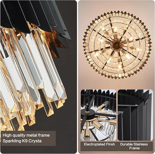 Modern Black Crystal Chandelier 24" Round Chandeliers 8-Lights Ceiling Pendant Light Fixtures 5 Tiers for Dining Room Living Room Bedroom Foyer Entryway