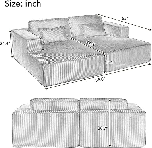 86-Inch Fluffy Corduroy Boneless Sleeper Daybed Loveseat Double Recliner Chaise Lounge Sofa Couches, Floor Cloud Sofa Chaise W/4 Pillows for Home Apartment Living Room