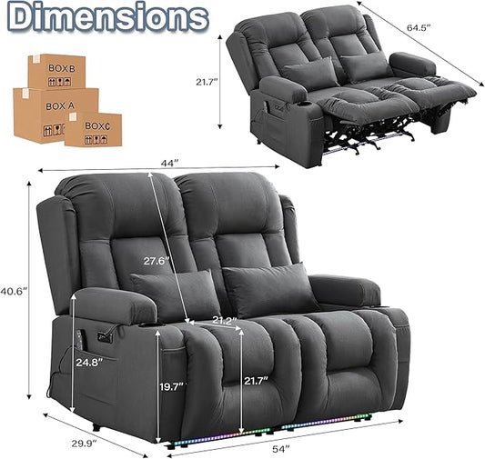 TUNYI Wall Hugger Loveseat Recliner Sofa with Massage & Heat, Power Reclining Loveseat RV Couch with USB/Outlet/Storage/LED Light/Speaker (Grey)
