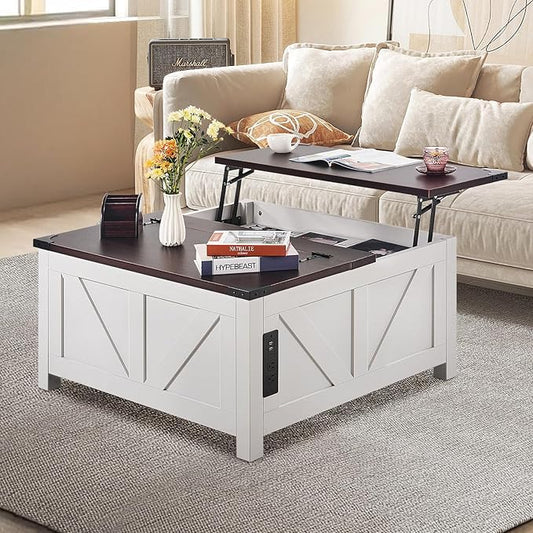 VEVOR 36" Farmhouse Coffee Table, Hinged Lift Top Square Coffee Table with Built-in Power Strip, Wooden Rustic Cocktail Table for Living Room, Bedroom, Apartment, Studio, Brown & White