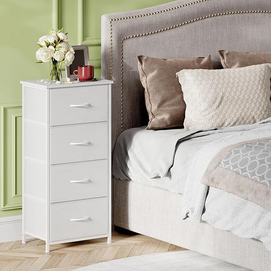 Somdot Dresser for Bedroom with 4 Drawers, Storage Organizer Chest of Drawers with Removable Fabric Bins for Closet Bedside Living Room Laundry Entryway Hallway, White Leather