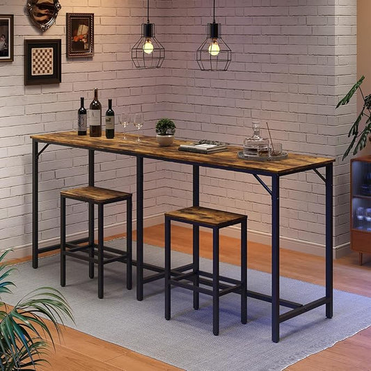 70.9" Bar Table and Chairs Set, Dining Table and Chair Sets, 3 Piece Counter Height Table and 2 Stools, Kithcen Table for Home Restaurant, Bar, Rustic Brown BT09BR