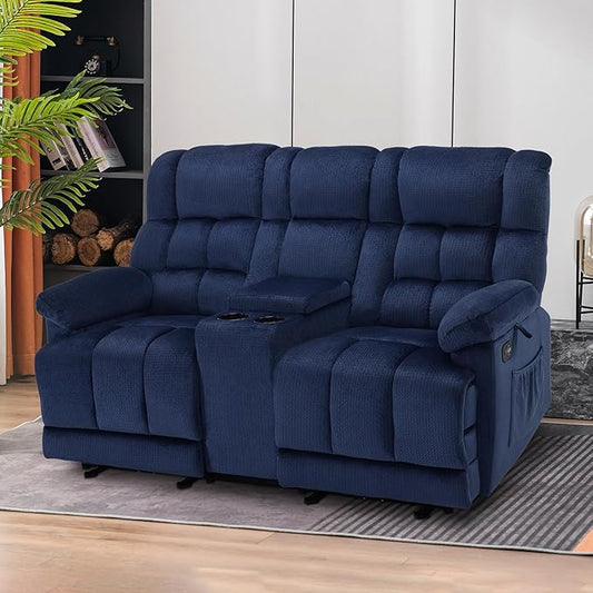 MCombo Zero Gravity Power Loveseat Recliner with Console, Heat and Vibration Massage, Reclining Loveseat Sofa with USB Ports, Cup Holders for Living Room, Fabric RS6234 (Navy Blue)