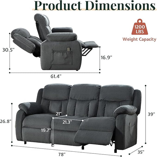 Jocisland Reclining Couch, Power Reclining Sofa with Dual Wingback, 3 Seater Recliner Sofa, Recliner Couches for Living Room(Dark Gray)