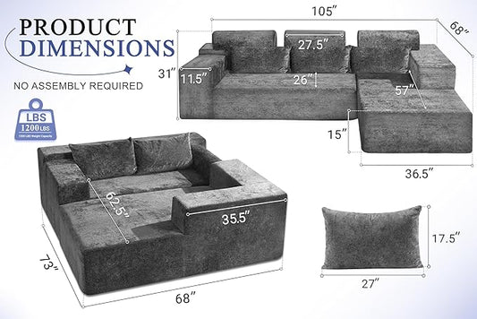 HABUTWAY 105" L-Shape Modular Sectional Sofa Couch for Living Room,No Assembly Required,Modular Comfy Sofa with Deep Seat for Living Room Bedroom,Luxury Distressed Velvet(Right,Grey)