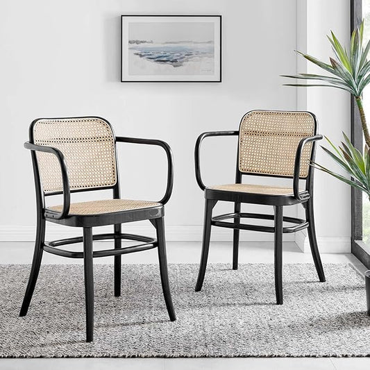 Modway Winona Elm Wood Cane Rattan Seat, Dining Chair - Set of 2, Black
