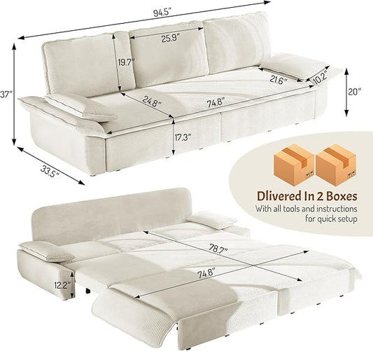 KEIKI 94.5" King-Size 3-in-1 Convertible Sleeper Sofa, Oversized Pull-Out Couch with Cloud-Style Deep Seat, Corduroy Reclining Loveseat for Home Theater & Family Living