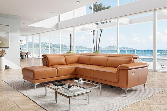 Valencia Pista 113" Full Leather Reclining Sectional Sofa with Left Hand Chaise | Power Recliner Chair, Nappa 11000 Leather | Sectional Couch for Living Room Furniture, Cognac