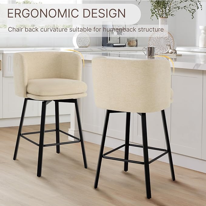 26" H Counter Height Swivel Bar Stools Set of 4, Barrel Counter Stools with Backrest, Linen Fabric Upholstered Barstools with Metal Legs for Kitchen Island,Sand