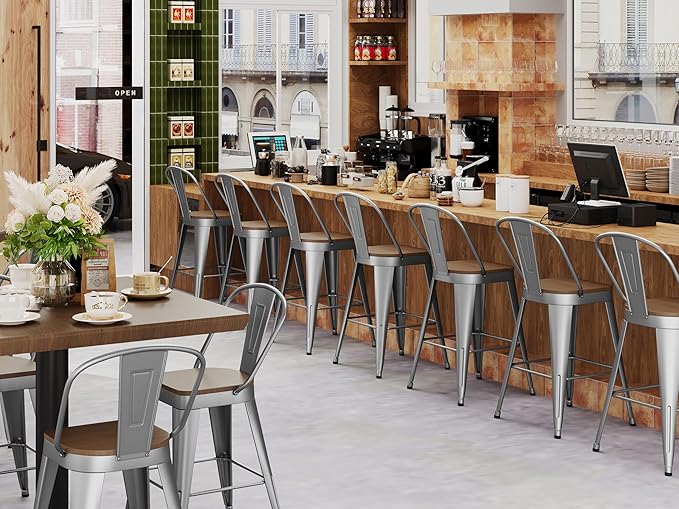 Andeworld Metal Bar Stools Set of 4, 30 inch Bar Height Barstools with Backs Farmhouse Modern High Back Bar Stools with Larger Seat Kitchen Dining Bar Chairs,Silver