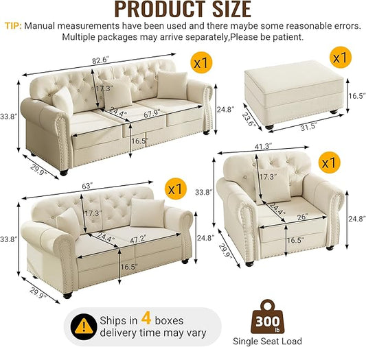 KEIKI 3-Piece Chesterfield Sofa Set with 1 Velvet 3-Seater Sofa & 1 Loveseat & 1 Single Sofa, 6-Seater Couch Set with Nailhead Trim & Rolled Arms & 1 Ottoman & 6 Pillow, for Living Room, White