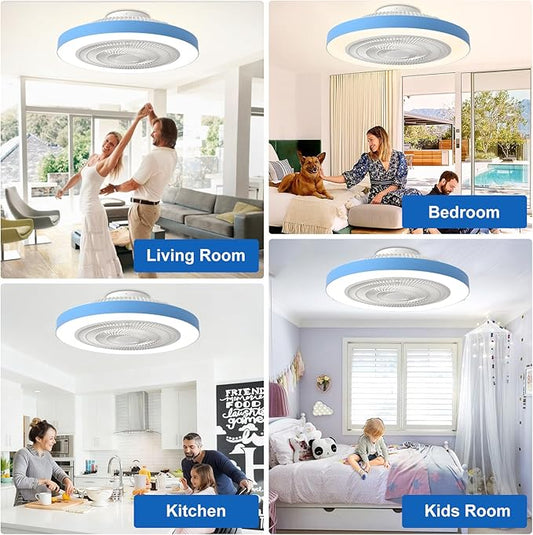 Depuley Modern Ceiling Fan with Light: 19" LED Flush Mount Low Profile Ceiling Fans with Remote & Smart APP Control - Blue Bladeless Fandelier Dimmable Quiet DC Motor for Bedroom Kids Room 6 Speeds