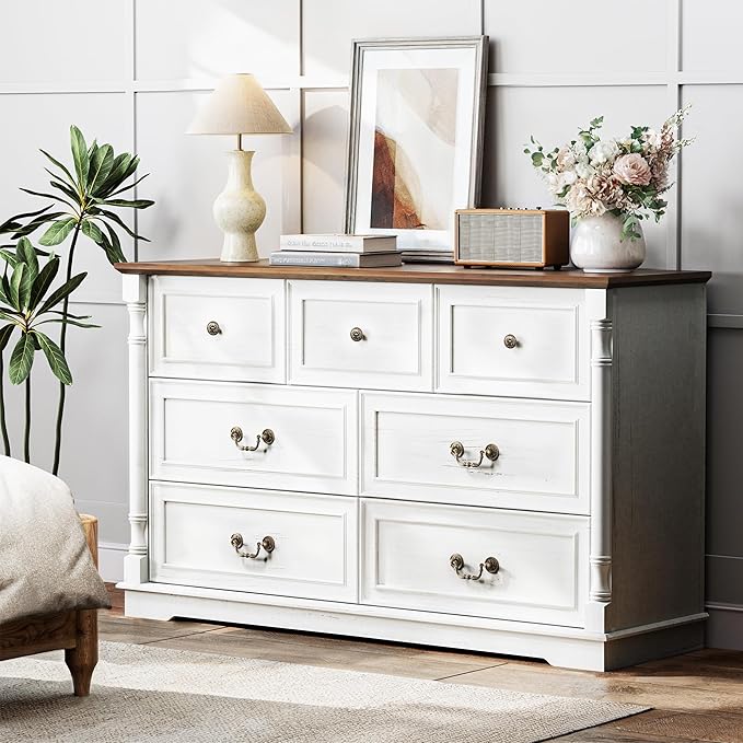 52" Farmhouse 7 Drawer Dresser for Bedroom,Tall Wide Wood Country Rustic Chest of Drawers,Column Decor,Retro Handle,Natural Texture,Wood Vintage TV Stand,Antique White