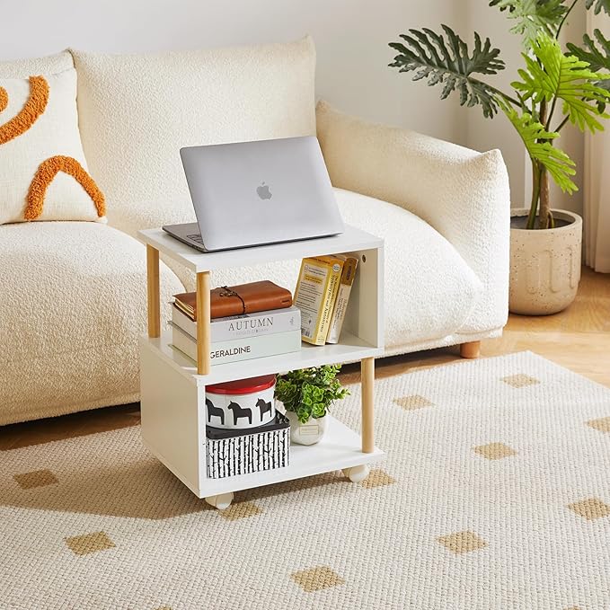 Wooden Night Stand with Open Shelf, Nightstand with Wheels, S-Shaped Bed Side Table 3 Tier, 20 inch High End Table White YD-TM155W