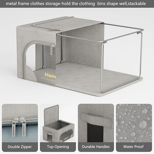 3 Packs Storage Boxes for Clothes Collapsible Storage Bins with Cedar Wood Piece, Linen with Metal Supports and Durable Handles Metal Storage box,Clear Window with Zippers (Light Grey,70L)