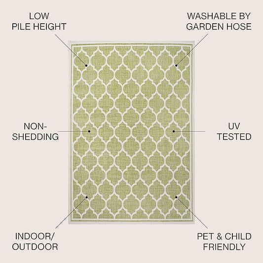 JONATHAN Y Moroccan Trellis Indoor Outdoor Square Area Rug 5X5 Green/Cream, Trebol Textured Weave for Backyard, Patio, Porch, Easy-Cleaning, High Traffic, Pet-Friendly, Non-Shedding (SMB109G-5SQ)
